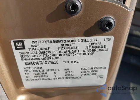 2001 GMC Yukon Xl 1500 Slt from USA, damaged, VIN 3GKEC16T31G179236